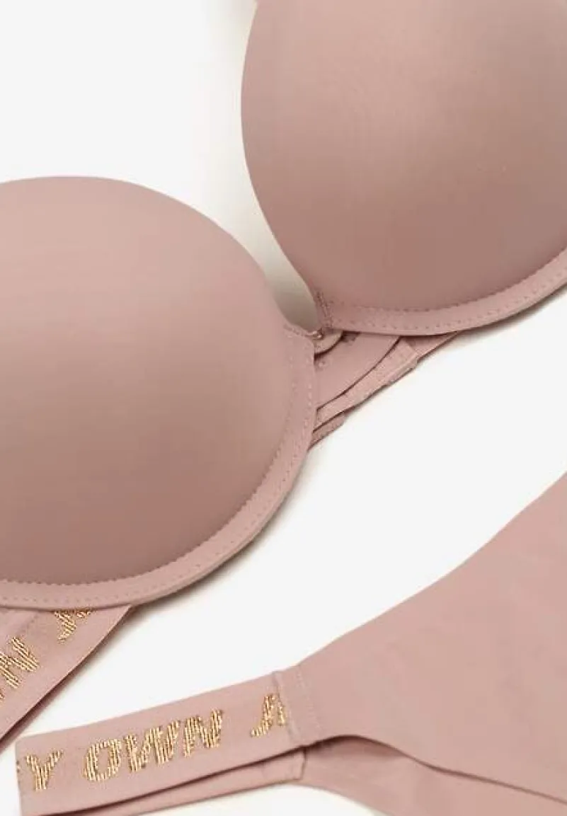 Ciemnoróżowy Komplet Ozdobiony Napisami z Biustonoszem z Efektem Push-Up i Majtkami Bralicia