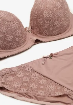 Ciemnoróżowy Komplet z Koronki Figi i Usztywniany Biustonosz Nevenis