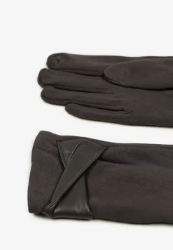 Ciemnoszare Eleganckie Rękawiczki z Bawełną i Wywiniętą Aplikacją przy Nadgarstku Sissemi