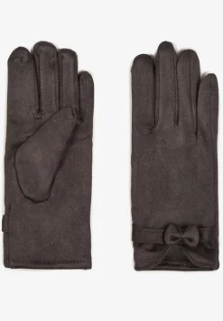 Ciemnoszare Rękawiczki Dzianinowe z Bawełną Ozdobione Kokardą Tessemi