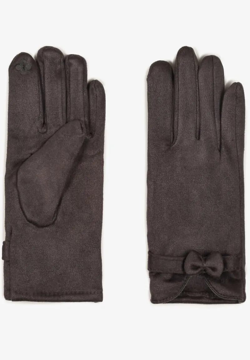 Ciemnoszare Rękawiczki Dzianinowe z Bawełną Ozdobione Kokardą Tessemi