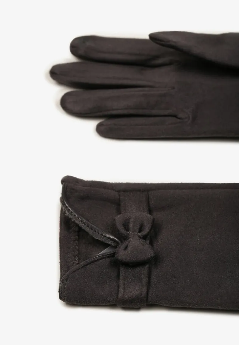 Ciemnoszare Rękawiczki Dzianinowe z Bawełną Ozdobione Kokardą Tessemi