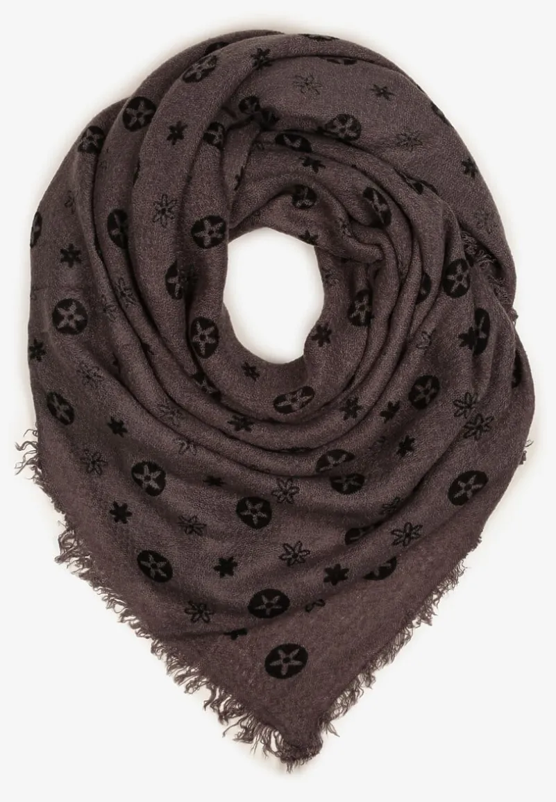 Ciemnoszary Szalik Ozdobiony Geometrycznym Motywem z Frędzlami Nomirya