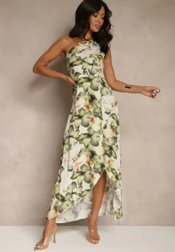 Ciemnozielona Asymetryczna Sukienka z Wiskozy w Kwiaty Linive