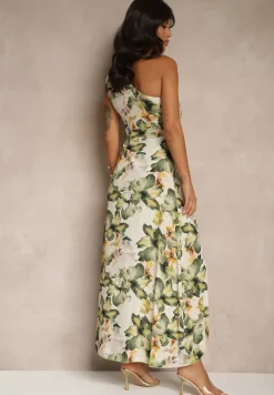 Ciemnozielona Asymetryczna Sukienka z Wiskozy w Kwiaty Linive