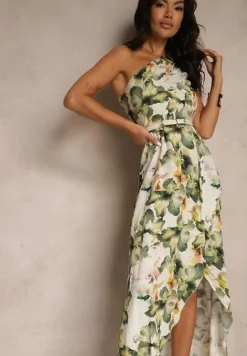 Ciemnozielona Asymetryczna Sukienka z Wiskozy w Kwiaty Linive