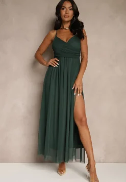 Ciemnozielona Sukienka Koktajlowa Ozdobiona Tiulowym Materiałem Deviora