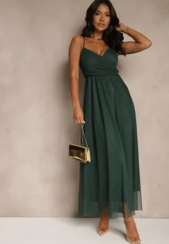 Ciemnozielona Sukienka Koktajlowa Ozdobiona Tiulowym Materiałem Deviora