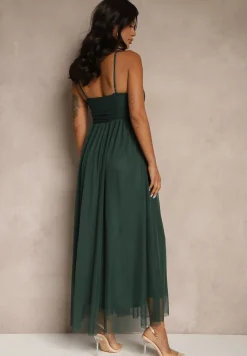 Ciemnozielona Sukienka Koktajlowa Ozdobiona Tiulowym Materiałem Deviora