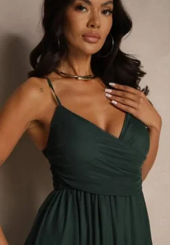 Ciemnozielona Sukienka Koktajlowa Ozdobiona Tiulowym Materiałem Deviora