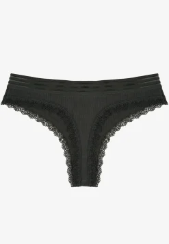 Ciemnozielone Bawełniane Majtki o Kroju Stringów Ozdobione Koronką i Gumką w Paski Torllana