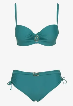 Ciemnozielone Bikini Majtki Typu Figi i Biustonosz z Metalicznymi Ozdobami Kinasara