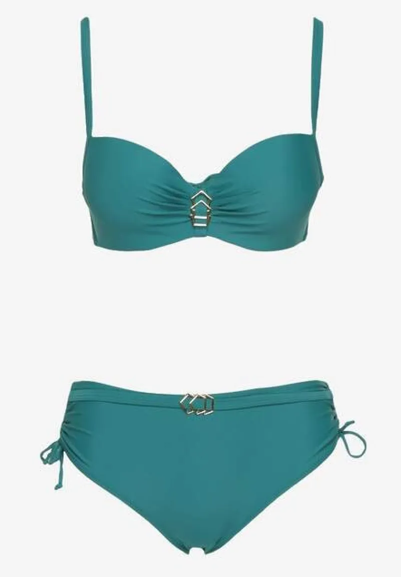 Ciemnozielone Bikini Majtki Typu Figi i Biustonosz z Metalicznymi Ozdobami Kinasara