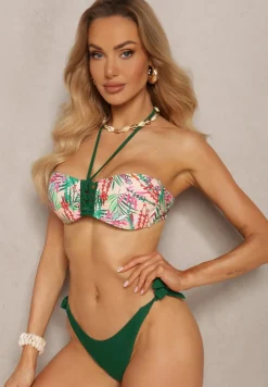 Ciemnozielone Bikini Majtki Figi ze Sznurkami po Bokach i Usztywniany Biustonosz z Wiązaniem Natmarie