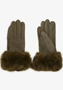 Ciemnozielone Eleganckie Rękawiczki z Ozdobnym Futerkiem Welinna