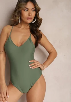 Ciemnozielony Jednoczęściowy Strój Kąpielowy z Ozdobnym Wiązaniem na Plecach Bosiara
