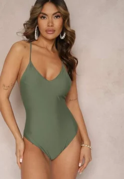 Ciemnozielony Jednoczęściowy Strój Kąpielowy z Ozdobnym Wiązaniem na Plecach Bosiara