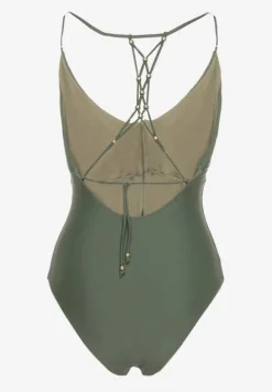 Ciemnozielony Jednoczęściowy Strój Kąpielowy z Ozdobnym Wiązaniem na Plecach Bosiara