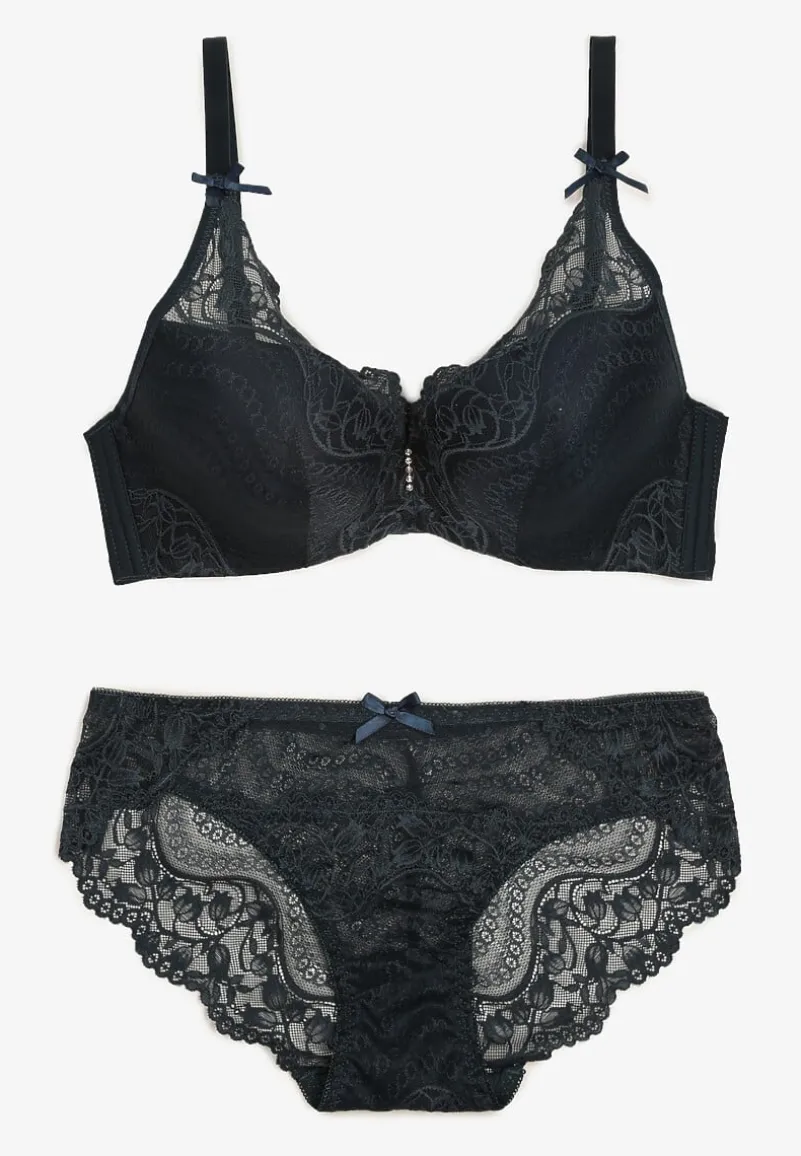 Ciemnozielony Komplet Koronkowy z Kokardkami Majtki typu Figi i Biustonosz Full Cup Iriniues