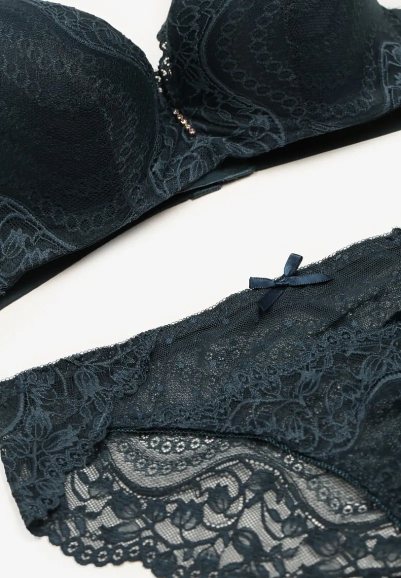 Ciemnozielony Komplet Koronkowy z Kokardkami Majtki typu Figi i Biustonosz Full Cup Iriniues