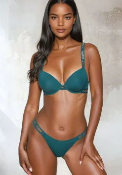 Ciemnozielony Komplet Ozdobiony Napisami z Biustonoszem z Efektem Push-Up i Majtkami Bralicia
