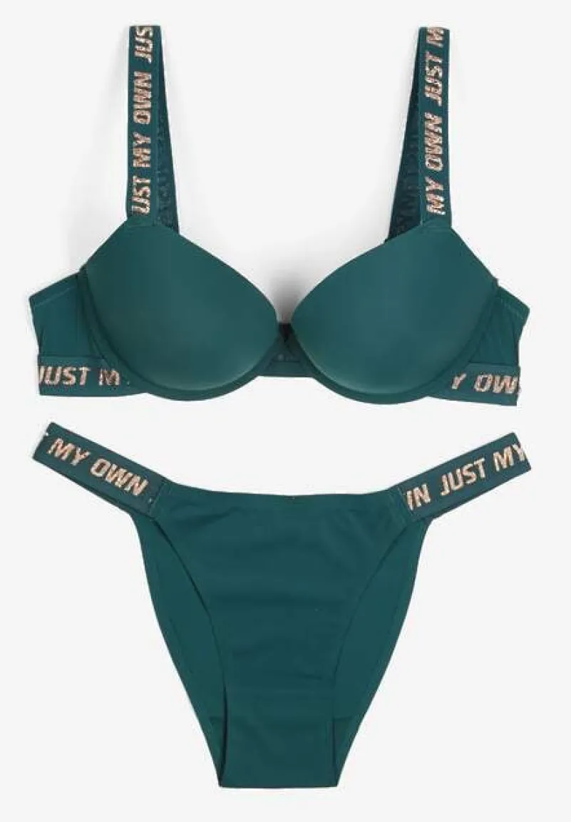 Ciemnozielony Komplet Ozdobiony Napisami z Biustonoszem z Efektem Push-Up i Majtkami Bralicia