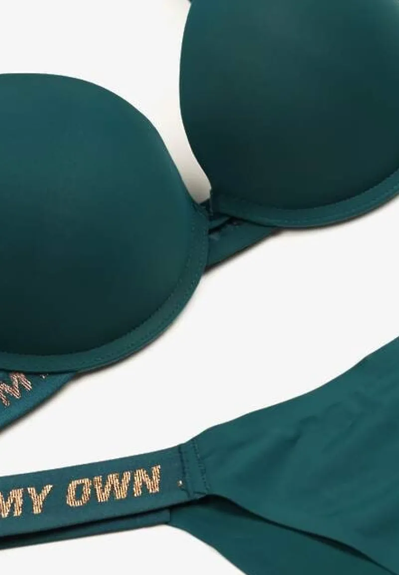 Ciemnozielony Komplet Ozdobiony Napisami z Biustonoszem z Efektem Push-Up i Majtkami Bralicia