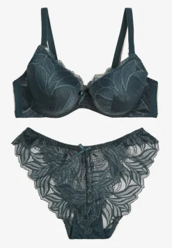 Ciemnozielony Komplet z Koronki Majtki Ozdobione Kokardą Biustonosz na Regulowanych Ramiączkach Arfiana