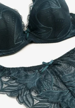 Ciemnozielony Komplet z Koronki Majtki Ozdobione Kokardą Biustonosz na Regulowanych Ramiączkach Arfiana