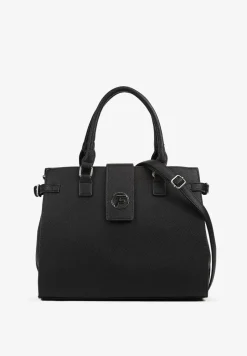 Czarna Torebka Ozdobiona Klapą i Metaliczną Wstawką Jonavia