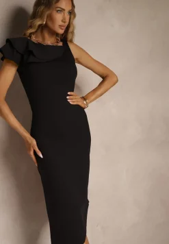 Czarna Asymetryczna Sukienka Vices Koktajlowa Ozdobiona Falbanką Zivorina