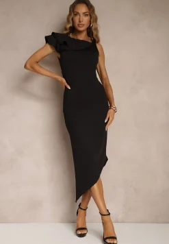 Czarna Asymetryczna Sukienka Vices Koktajlowa Ozdobiona Falbanką Zivorina