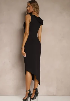 Czarna Asymetryczna Sukienka Vices Koktajlowa Ozdobiona Falbanką Zivorina
