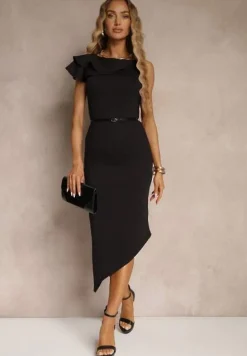 Czarna Asymetryczna Sukienka Vices Koktajlowa Ozdobiona Falbanką Zivorina