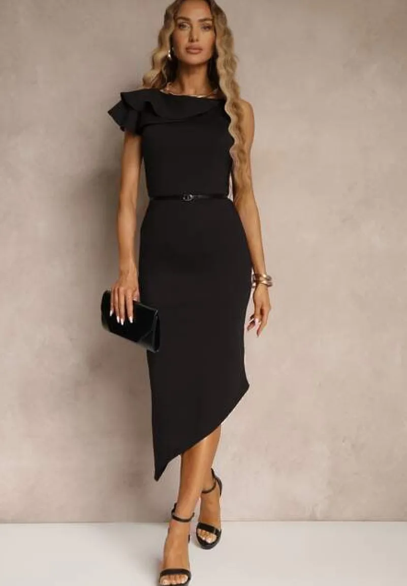 Czarna Asymetryczna Sukienka Vices Koktajlowa Ozdobiona Falbanką Zivorina