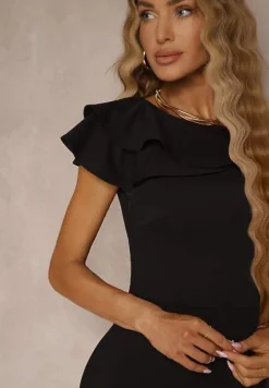 Czarna Asymetryczna Sukienka Vices Koktajlowa Ozdobiona Falbanką Zivorina