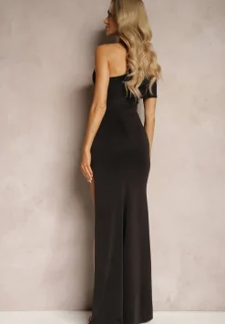 Czarna Asymetryczna Sukienka Koktajlowa z Rozcięciem i Marszczeniem Kremelia