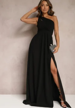 Czarna Asymetryczna Sukienka Rozkloszowana Maxi Adavia