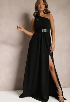 Czarna Asymetryczna Sukienka Rozkloszowana Maxi Adavia