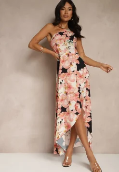 Czarna Asymetryczna Sukienka z Wiskozy w Kwiaty Linive