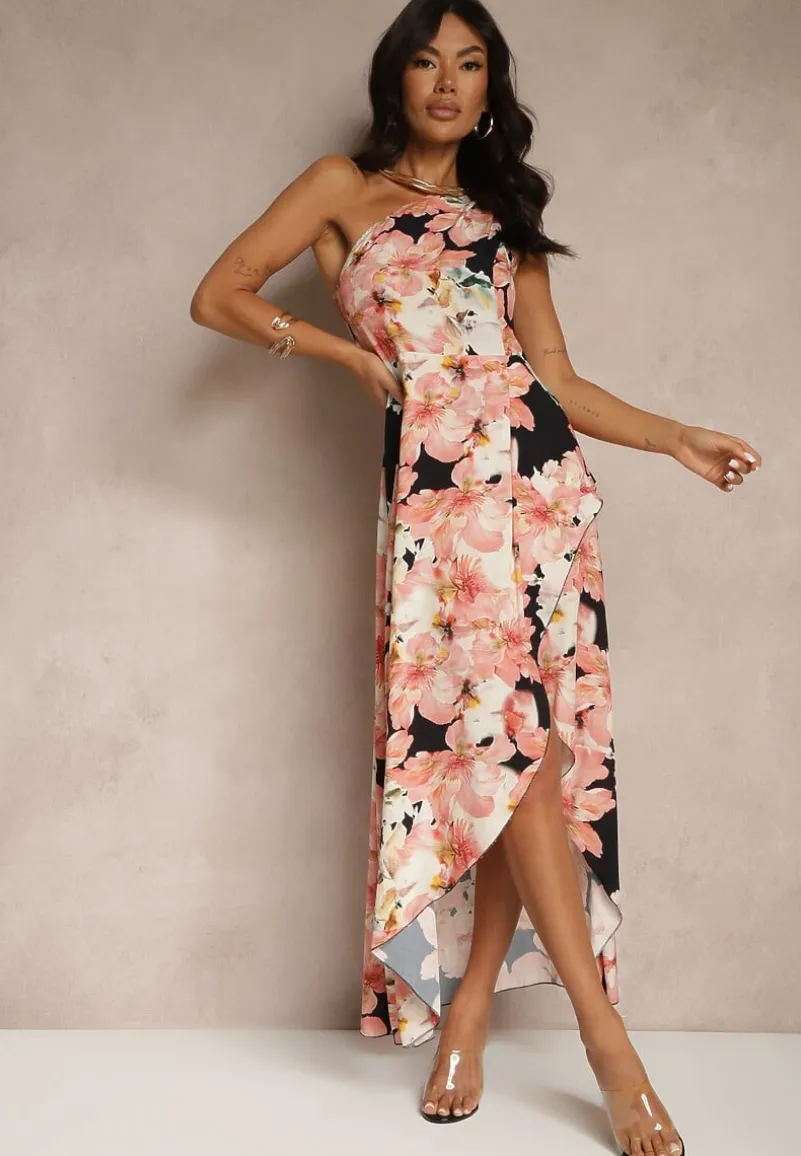 Czarna Asymetryczna Sukienka z Wiskozy w Kwiaty Linive