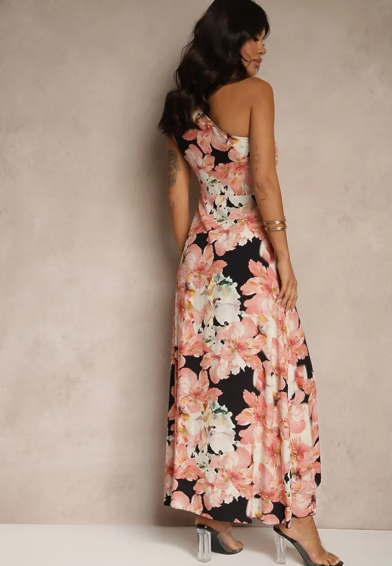 Czarna Asymetryczna Sukienka z Wiskozy w Kwiaty Linive