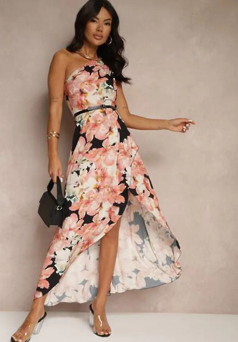 Czarna Asymetryczna Sukienka z Wiskozy w Kwiaty Linive