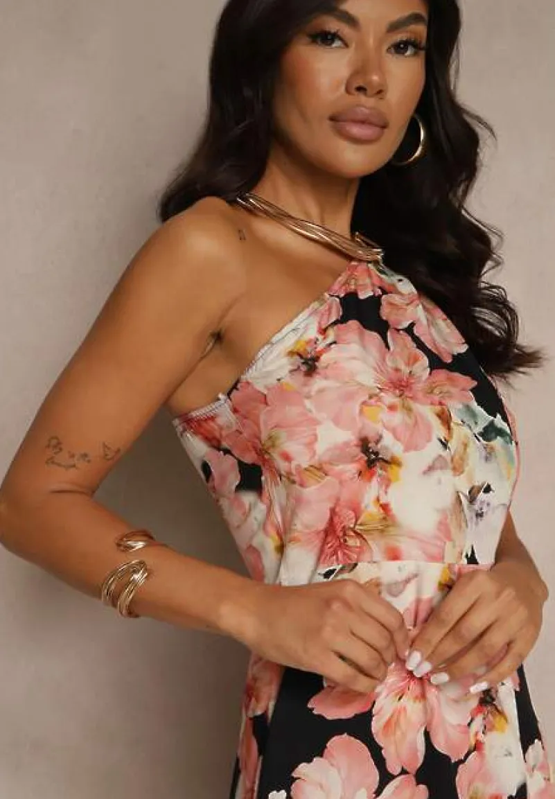 Czarna Asymetryczna Sukienka z Wiskozy w Kwiaty Linive