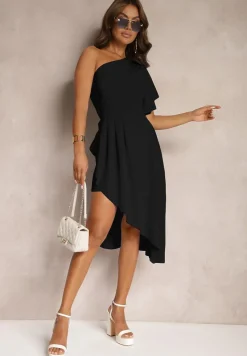 Czarna Asymetryczna Sukienka Wieczorowa na Jedno Ramię Ozdobiona Falbankami Vimasira