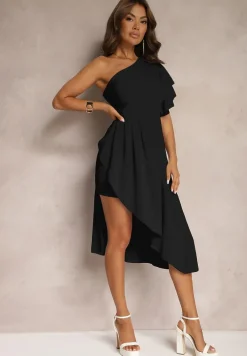 Czarna Asymetryczna Sukienka Wieczorowa na Jedno Ramię Ozdobiona Falbankami Vimasira