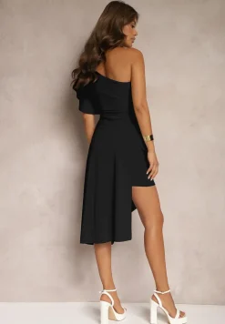 Czarna Asymetryczna Sukienka Wieczorowa na Jedno Ramię Ozdobiona Falbankami Vimasira