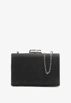 Czarna Brokatowa Torebka Kopertówka na Zatrzask z Łańcuszkiem Aciana