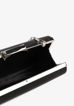 Czarna Brokatowa Torebka Kopertówka na Zatrzask z Łańcuszkiem Aciana