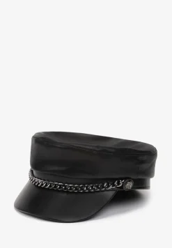 Czarna Czapka z Daszkiem Kaszkiet z Imitacji Skóry z Ozdobnym Łańcuszkiem Raraya